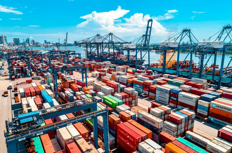 Vista aérea de un patio de contenedores en una terminal portuaria