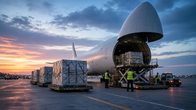 Palletized cargo next to a cargo aircraft with its nose door open, at sunset (illustrative image)