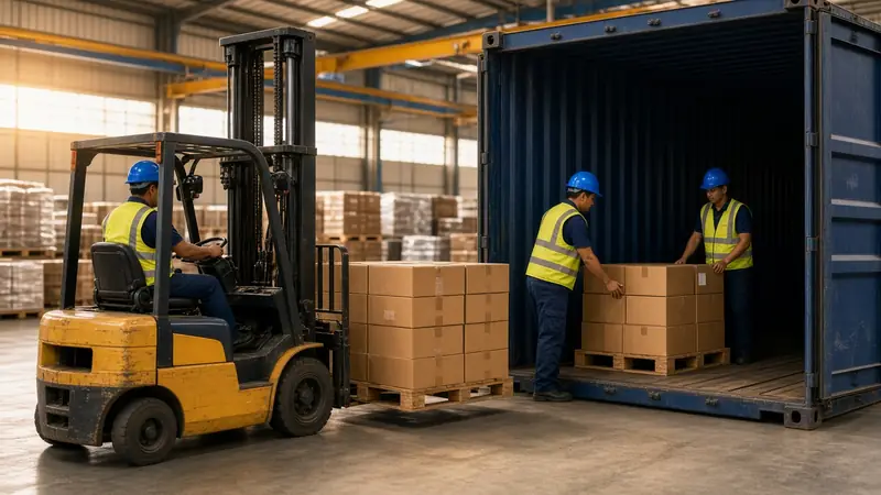 Operarios cargando cajas en un contenedor dentro de una bodega (imagen ilustrativa)