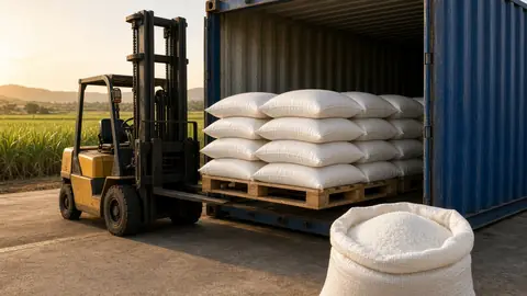 Sacks of sugar being loaded into a container with a forklift (illustrative image)