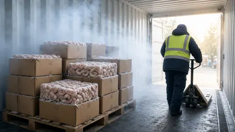Boxes of frozen shrimp on a pallet inside a refrigerated container (illustrative image)
