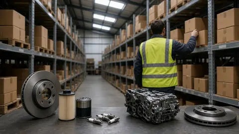 Auto parts on a table in a warehouse with shelving (illustrative image)