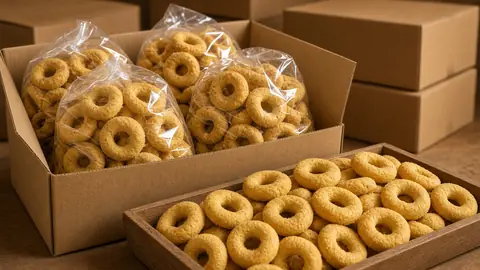 Nicaraguan rosquillas (corn biscuits) packed in bags inside a cardboard box (illustrative image)